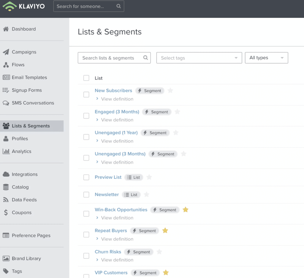 klaviyo listas y segmentos