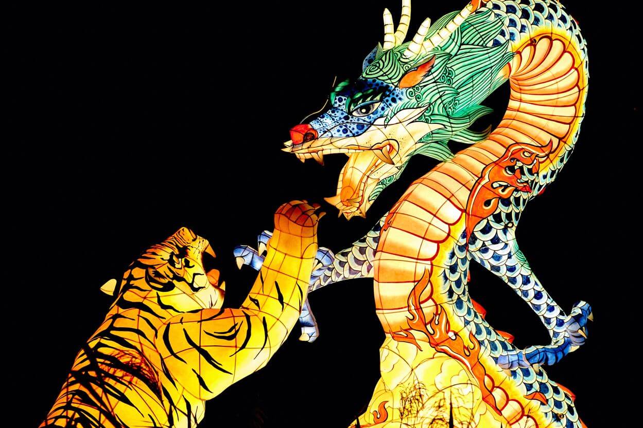 Una imagen de un tigre y un dragón.