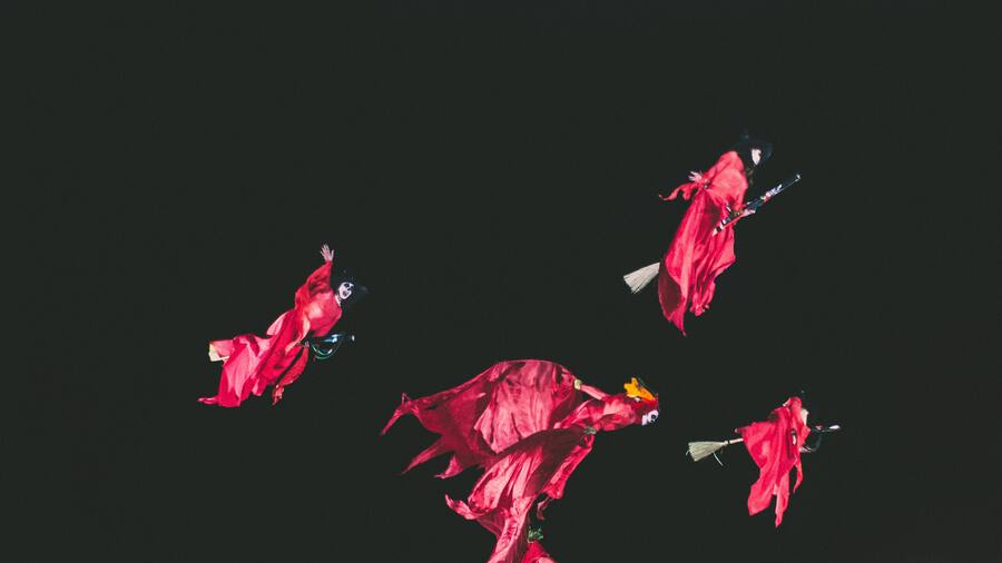 Una imagen que muestra a 4 brujas volando en una escoba.